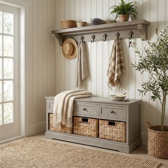 Farmhouse Bench With Wicker Baskets and Drawers