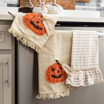 Halloween Pumpkin Fringed Tea Towel Set of 2