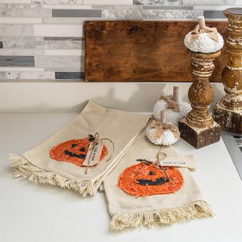 Halloween Pumpkin Fringed Tea Towel Set of 2