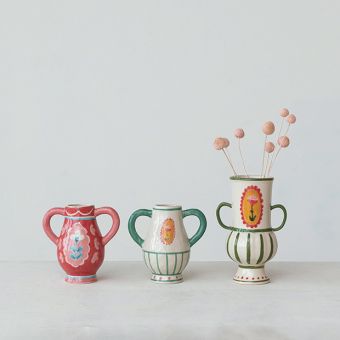 Painted Flower Stoneware Vase With Handles Set of 3