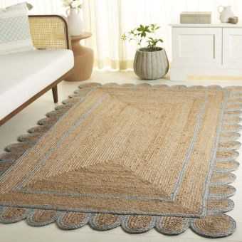 Scalloped Natural/Light Blue Jute Area Rug
