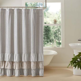 Ticking Stripe and Multi Floral Ruffled Shower Curtain