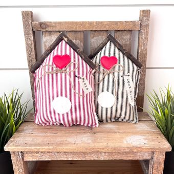 Ticking Stripe Valentine Birdhouse Mini Pillow Red