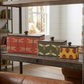 Tin Garden Bug Box with Wood Lid Set of 3