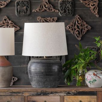 Vintage Clay Pot Table Lamp With Drum Shade