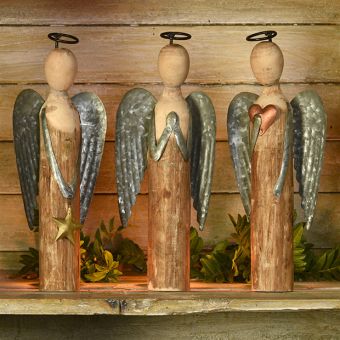 Wood and Metal Angel Figure Set of 3 | Antique Farmhouse