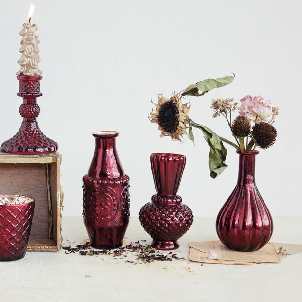 3 Piece Burgundy Embossed Glass Vase Set