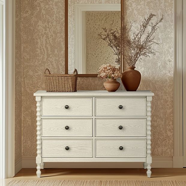 white dresser with brown legs Antique Cream Turned Leg 6 Drawer Chest Distressed Fringe Trim Long reg-20260501-4 Size:22R tone finishing in walnut