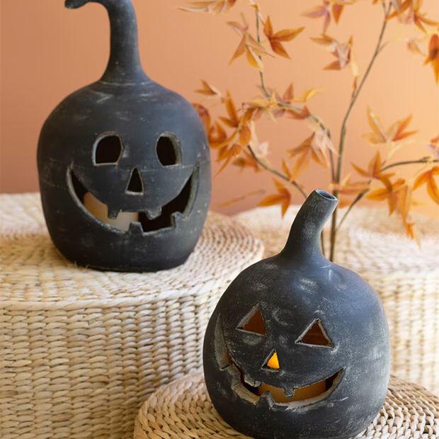 Black Clay Smiling Jack O Lanterns Set of 2 | Antique Farmhouse