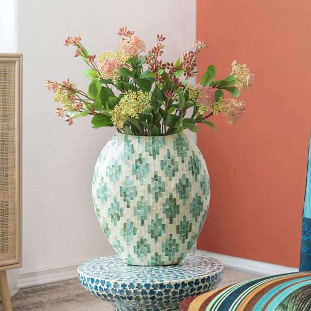 A & B Home 14 in. Green, Tan Diamond Pattern Capiz Vase