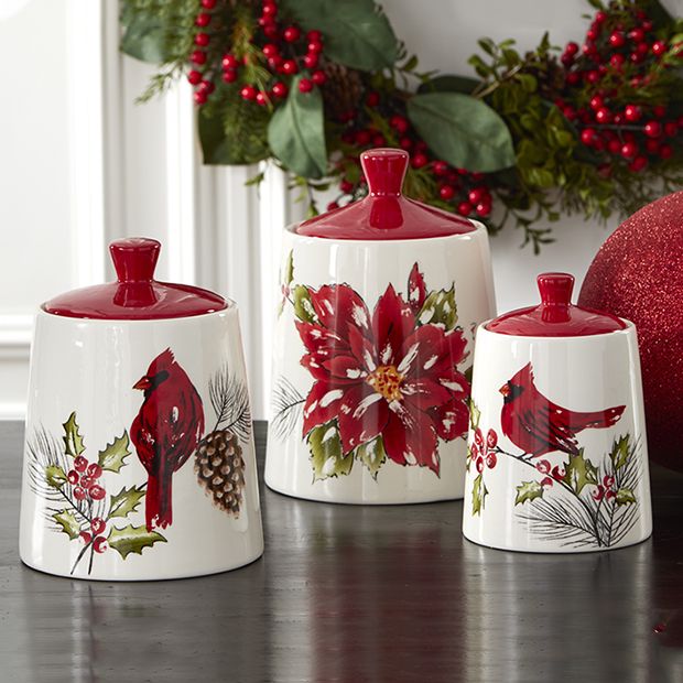Cardinal and Poinsettia Ceramic Canisters Set of 3 | Antique Farmhouse