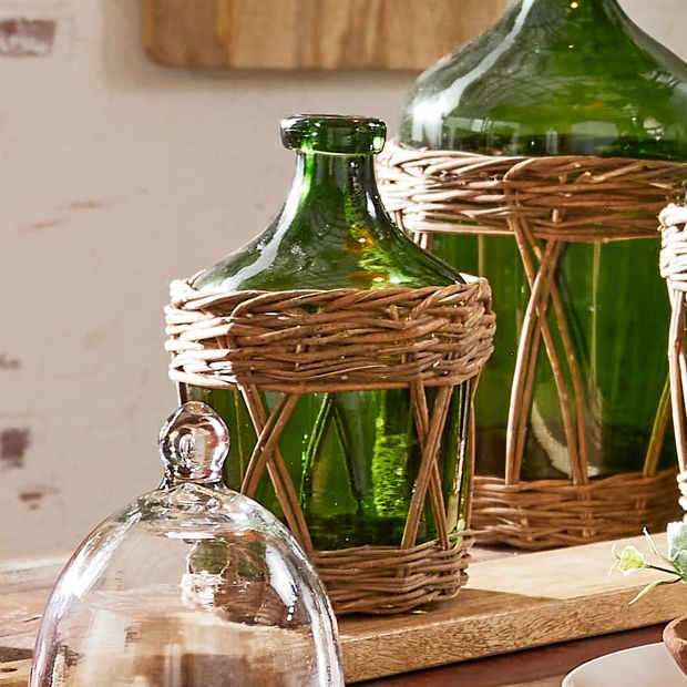 Rattan Wrapped Green Demijohn Bottle 10 Inch | Antique Farmhouse
