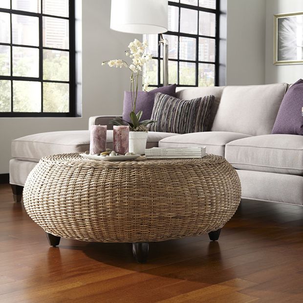 Round Woven Rattan Ottoman Antique Farmhouse