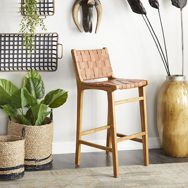 Woven Leather and Teakwood Bar Stool | Antique Farmhouse