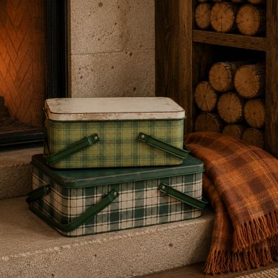 2 Piece Handled Tartan Bin Set