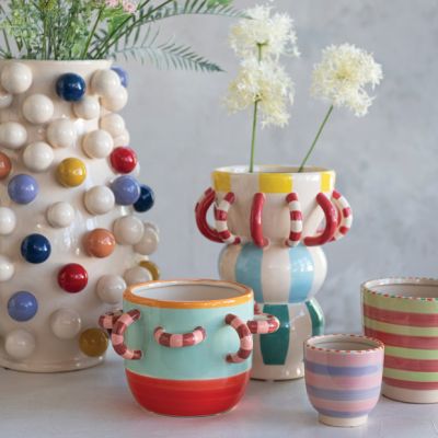 2 Piece Playful Stripes Painted Stoneware Vase and Planter Set