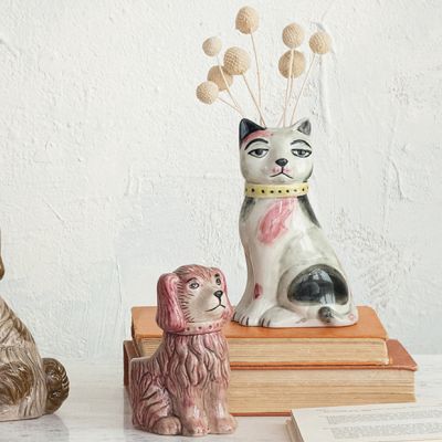 2 Piece Vintage Reproduction Staffordshire Dog and Cat Vase Set