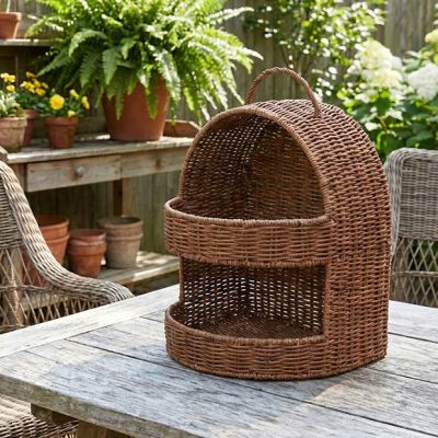 2 Tier Handled Woven Rattan Basket