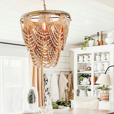 3 Light Metal and White Wood Bead Chandelier