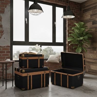 3 Piece Black Fabric Storage Trunk Set