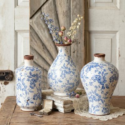 3 Piece Blue Floral Terracotta Bud Vase Collection