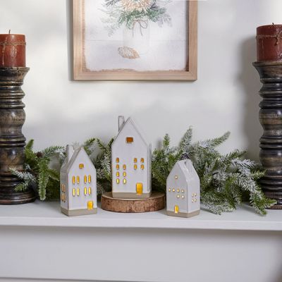 3 Piece Lighted Stoneware Village House Figurine Set