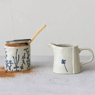 3 Piece Patterned Stoneware Creamer and Sugar Pot Set