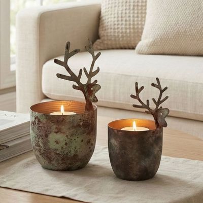 3D Deer Head Aged Metal Votive Holders Set of 2