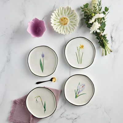 4 Piece Floral Motif Glazed Ceramic Plate Collection