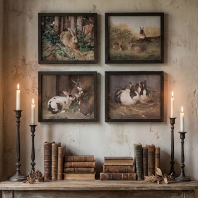4 Piece Framed Rabbits Print Wall Decor Collection
