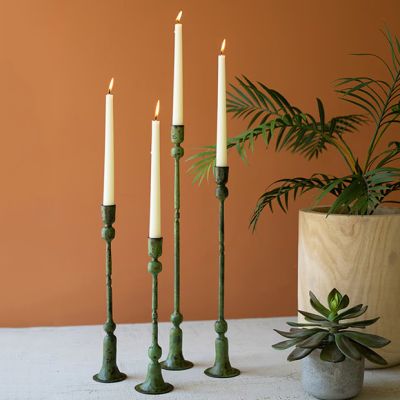 4 Piece Green Patina Forged Iron Candle Holder Collection