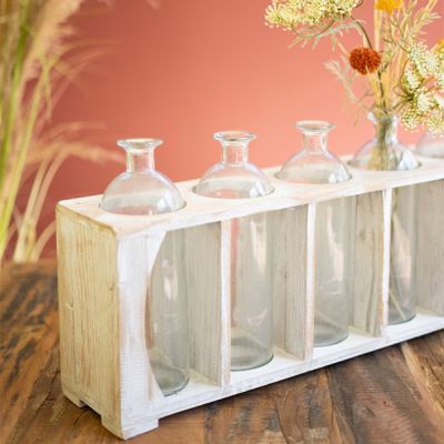 5 Glass Vases in Wooden Crate Centerpiece