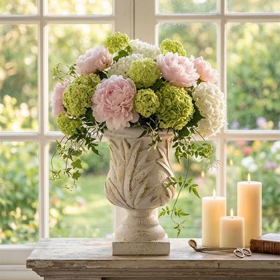 Carved White Leaf Pedestal Urn
