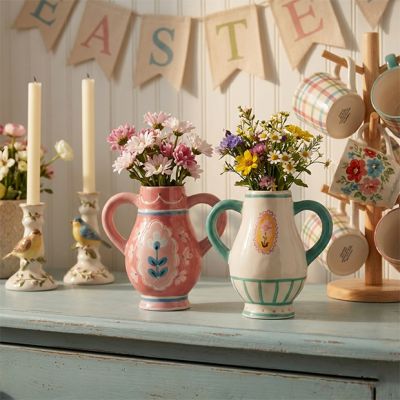 Painted Flower Stoneware Vase With Handles Set of 2