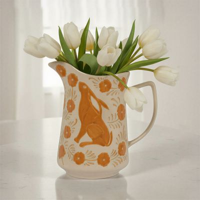 Rabbit and Floral Motif Painted Stoneware Pitcher