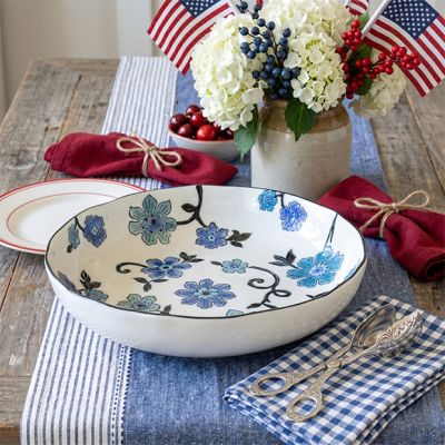 Stamped Blue Floral Stoneware Serving Bowl