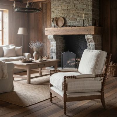 Turned Wood Striped Cushion Accent Chair