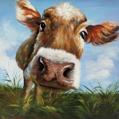 Hello Hand Painted Cow Canvas Wall Art