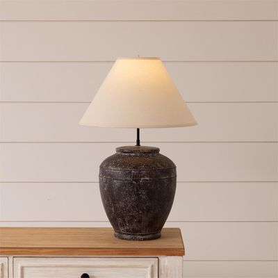Aged Black Pottery Table Lamp With Shade