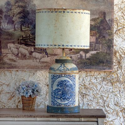 Aged Blue Pastoral Tole Lamp
