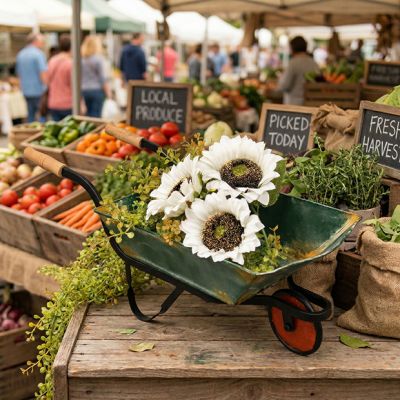 Aged Green Metal Decorative Wheelbarrow