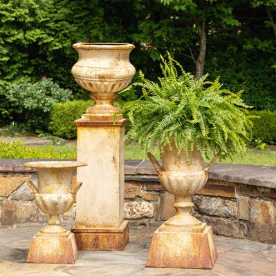 Aged Metal Urn On Pedestal 33 Inch