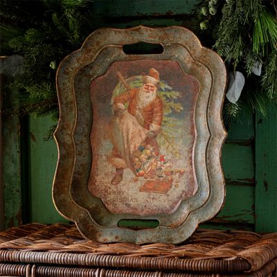 Aged Santa with Gifts Decorative Tray