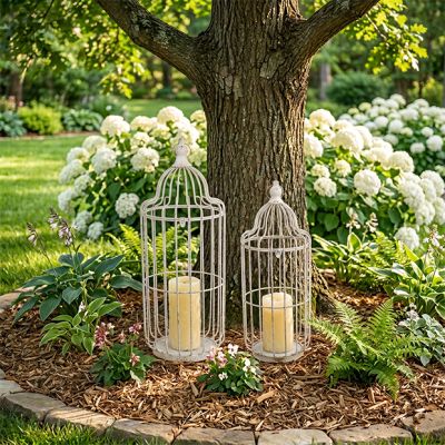 Aged White Decorative Birdcage Lanterns Set of 2