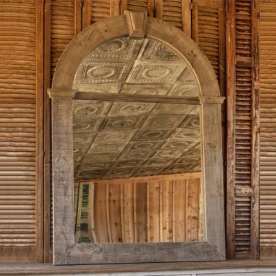 Aged Wooden Framed Arched Mirror