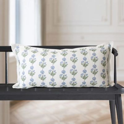 Beautiful Blue Floral Linen Block Print Lumbar Pillow Cover