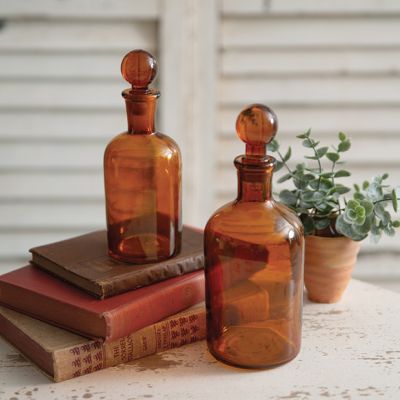 Amber Glass Bottle With Stopper Top Set of 2