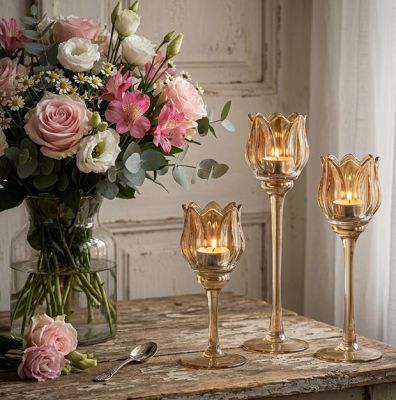 Amber Glass Tulip Candle Holder Set of 3