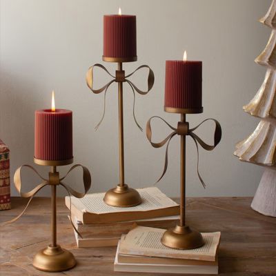 Antique Brass Bow Candle Stand Set of 3