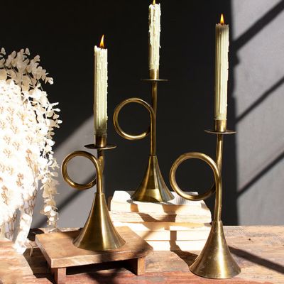 Antique Brass Trumpet Taper Holders Set of 3